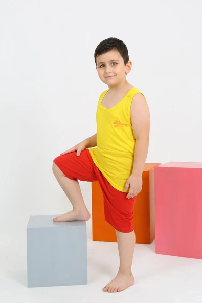 Erkek Çocuk Sıfır Kol Şortlu Sarı Penye Pijama Takımı 20434