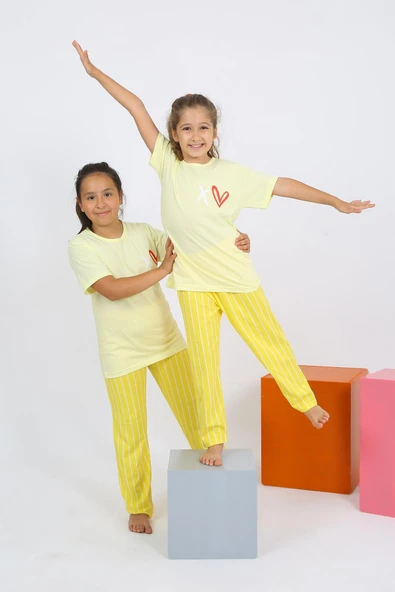 Kız Çocuk Kısa Kol Sarı Penye Pijama Takım 20432