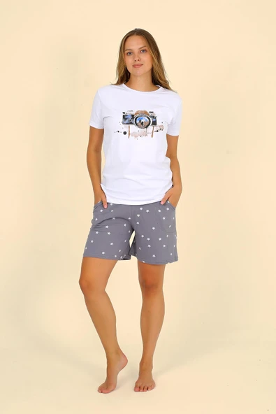Kadın Şortlu Kısa Kol Penye Pijama Takımı Beyaz 3622