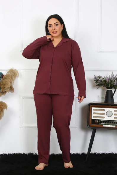 Kadın Büyük Beden Pamuklu Cepli Düğmeli Mürdüm Pijama Takım 202401