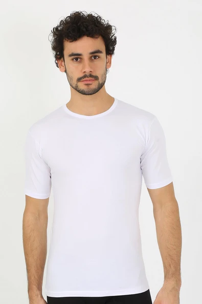 Erkek Sıfır Yaka Likralı Beyaz T-Shirt 65710