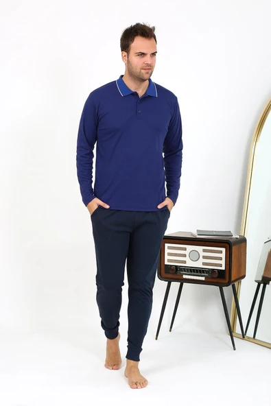 Erkek Polo Yaka Uzun Kol Penye Pijama Takımı Gri 6865
