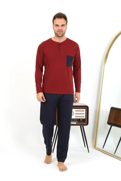 Erkek Uzun Kol Penye Bordo Pijama Takımı 6861