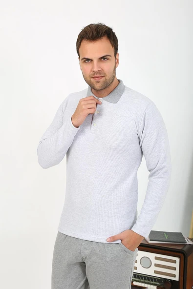 Erkek Polo Yaka Uzun Kol Penye Pijama Takımı Gri 6864