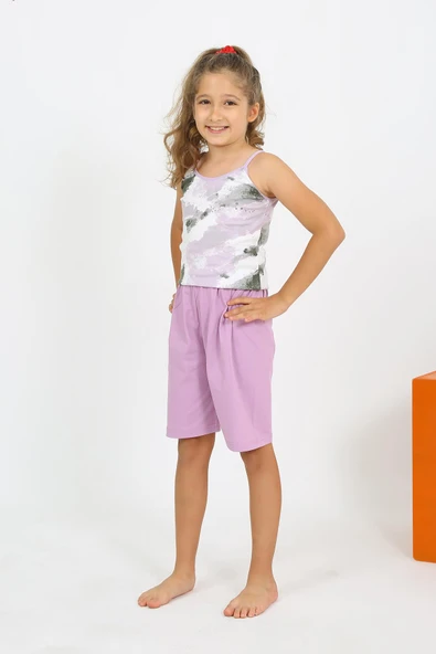 Kız Çocuk İp Askılı Şortlu Penye Lila Pijama Takım 20430