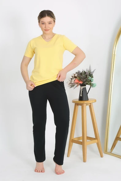 Kadın Kısa Kol Pamuk Penye Pijama Takım Sarı 4215