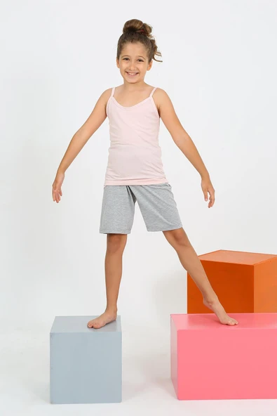Kız Çocuk İp Askılı Şortlu Penye Pembe Pijama Takım 20430