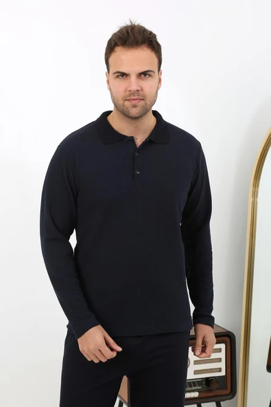 Erkek Polo Yaka Uzun Kol Penye Pijama Takımı 6862 Lacivert