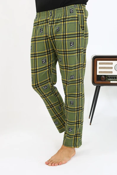 Erkek Ekoseli Desen Penye Tek Alt Pijama 27540 Haki