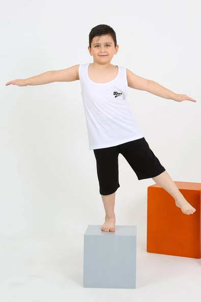 Erkek Çocuk Sıfır Kol Şortlu Beyaz Penye Pijama Takımı 20434