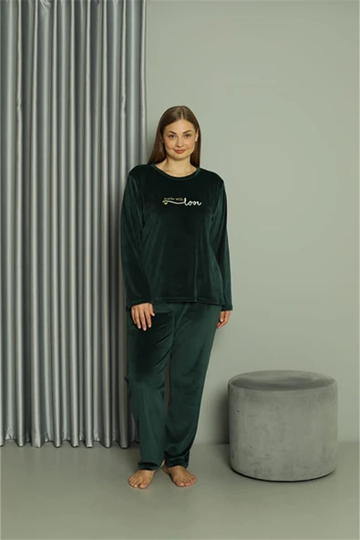 Büyük Beden Kadın Kadife Yeşil Pijama Takım 20628