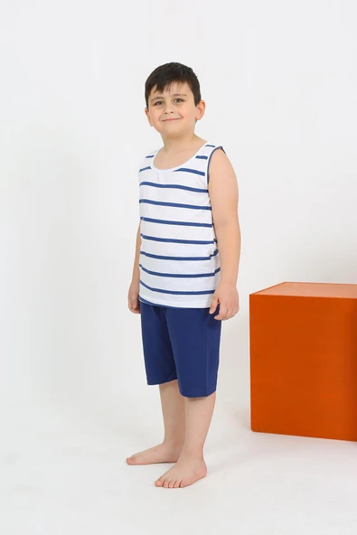 Erkek Çocuk Sıfır Kol Şortlu Beyaz Penye Pijama Takımı 20435