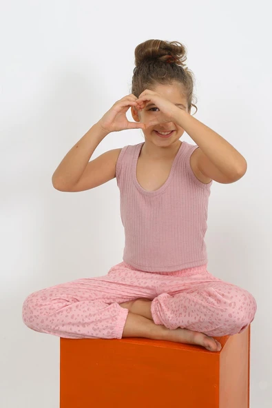 Kız Çocuk Sıfır Kol Gül Kurusu Penye Pijama Takım 20433