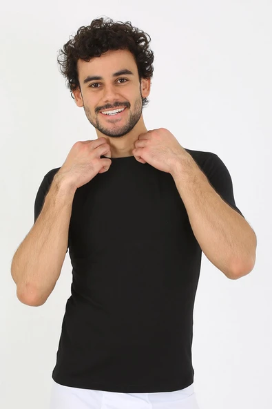 Erkek Sıfır Yaka Likralı Siyah T-Shirt 65710