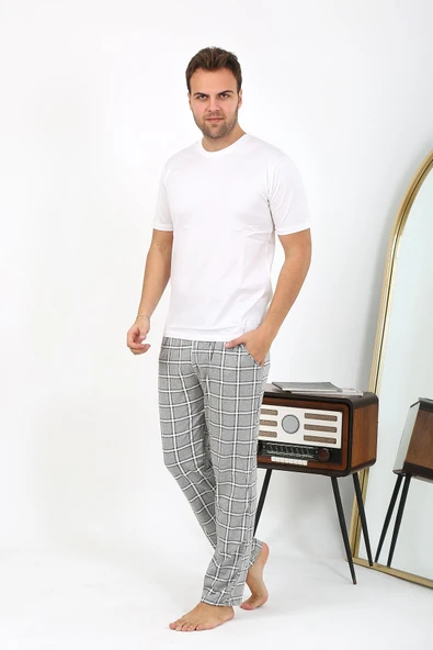 Erkek Ekoseli Desen Penye Tek Alt Pijama 27540 Gri