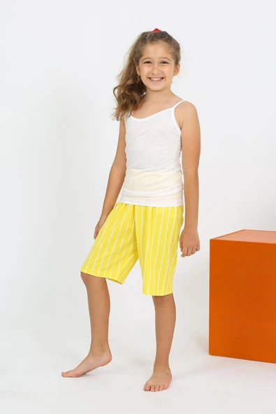 Kız Çocuk İp Askılı Şortlu Penye Beyaz Pijama Takım 20430