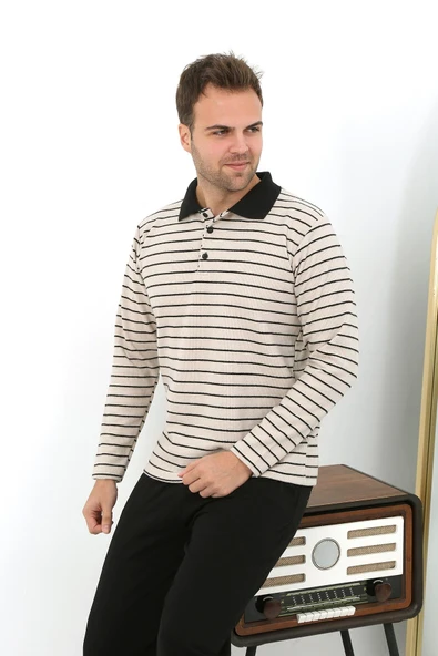 Erkek Polo Yaka Uzun Kol Penye Pijama Takımı 6862 Krem