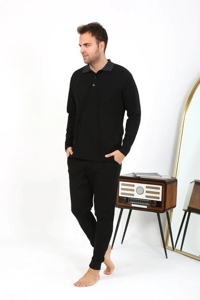 Erkek Polo Yaka Uzun Kol Penye Pijama Takımı Siyah 6864