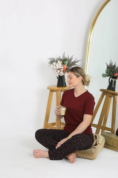 Kadın Kısa Kol Pamuk Penye Pijama Takım Bordo 4214