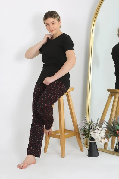 Kadın Kısa Kol Pamuk Penye Pijama Takım Siyah 4214