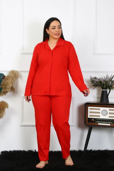 Kadın Büyük Beden Pamuklu Cepli Düğmeli Kırmızı Pijama Takım 202401