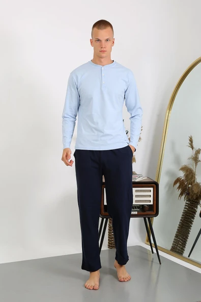 Erkek Penye Uzun Kol Pijama Takımı 6860 Buz Mavisi