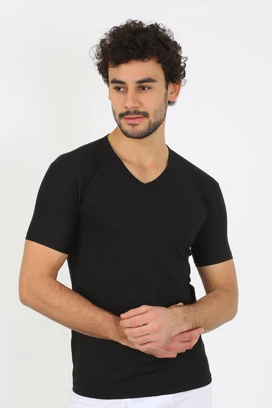Erkek Likralı V Yaka Siyah T-Shirt 65700