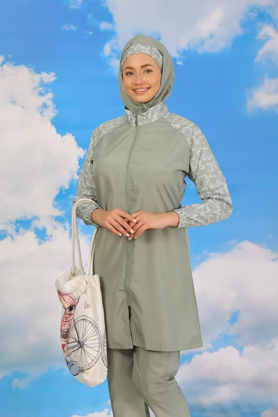 Kadın Pantolonlu Desenli Tam Tesettür Mayo Su Yeşili 31072