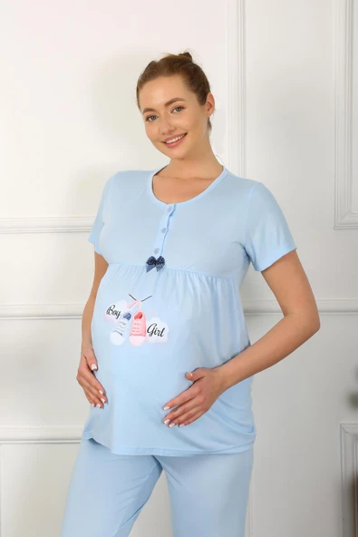 Kadın Kısa Kol Hamile Lohusa Pijama Takımı Mavi 45210