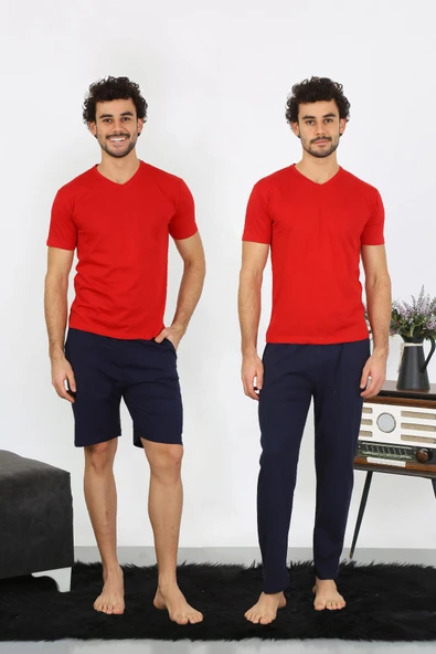 Erkek Penye Kırmızı 3'lü Pijama Takımı 6848