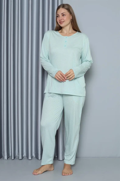 Kadın Büyük Beden Penye Uzun Kol Pijama Takım 202212