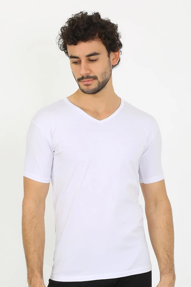 Erkek Likralı V Yaka Beyaz T-Shirt 65700