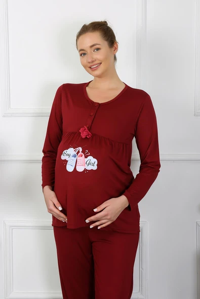Kadın Uzun Kol Hamile Lohusa Pijama Takımı Bordo 45501