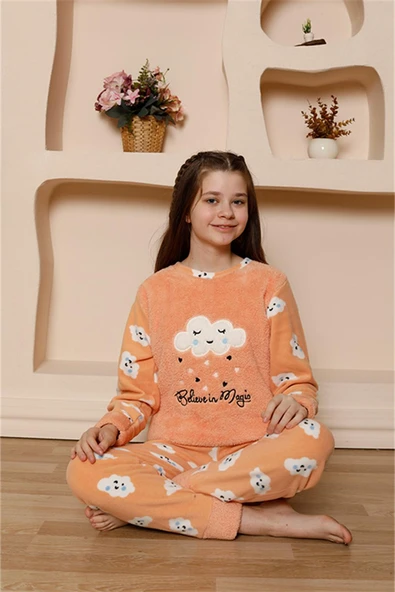Kız Çocuk WelSoft Polar Turuncu Pijama Takımı 20527