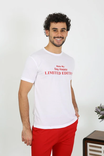 Erkek Kısa Kol Penye Beyaz Pijama Takımı 6846