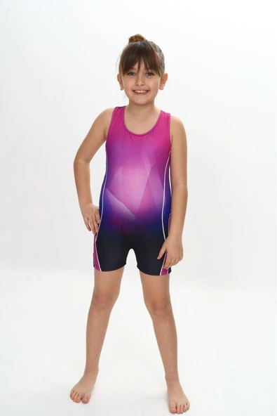 Kız Çocuk Yüzücü Şortlu Tek Parça Tulum Mayo Takımı 5-16 Yaş 12231 - Resim 4