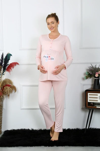Kadın Uzun Kol Hamile Lohusa Pijama Takımı Pudra 45501