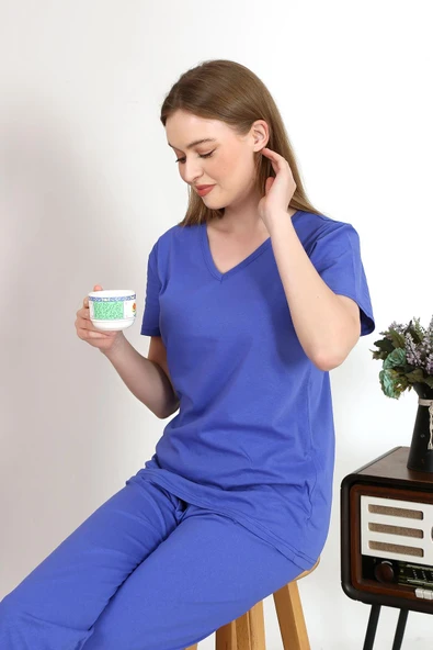 Kadın Kısa Kol Pamuk Penye Pijama Takım Saks 4213