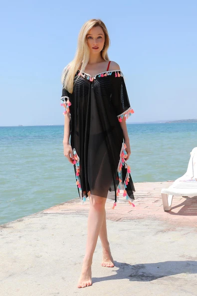 Kadın Püsküllü Tunik Pareo Plaj Elbisesi Siyah 38048