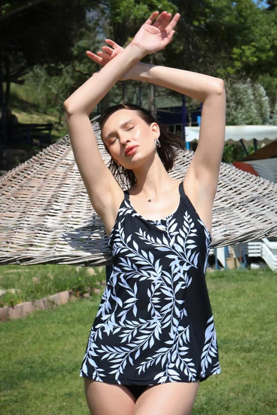 Kadın Yüksek Bel Slipli Tankini Elbise Mayo Siyah 36001