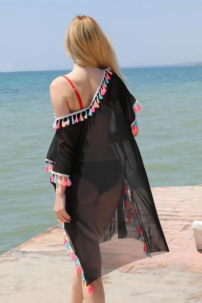 Kadın Püsküllü Tunik Pareo Plaj Elbisesi Siyah 38048 - 5