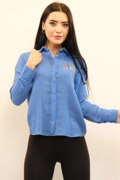Taşlı  Keten Gömlek MC2301 İndigo