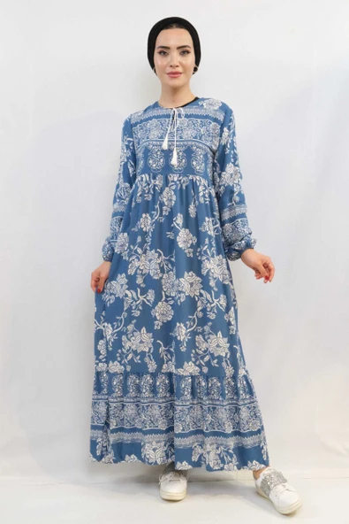 Vintage Desen Elbise Mavi