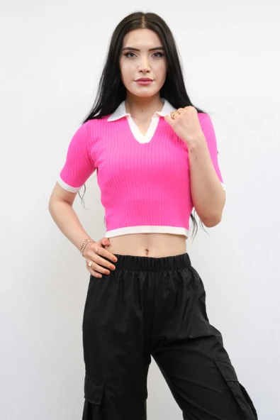 Renkli Yaka Triko Crop Pembe