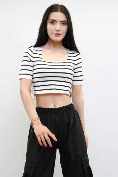 Triko Crop Çizgili  Beyaz
