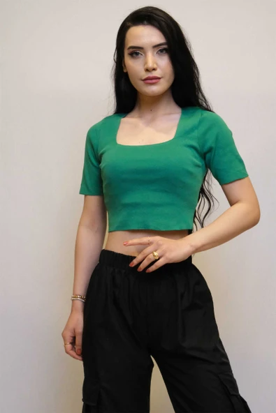 Kare Yaka Triko Crop Yeşil