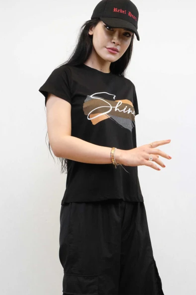 Shine Baskılı Tshirt Siyah
