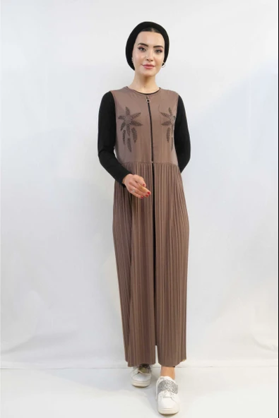 Taş işlemeli Piliseli Yelek Vizon MC727 - Resim 3