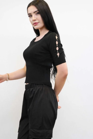 Kolları Taşlı Triko Bluz Siyah