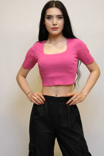 Kare Yaka Triko Crop Fuşya